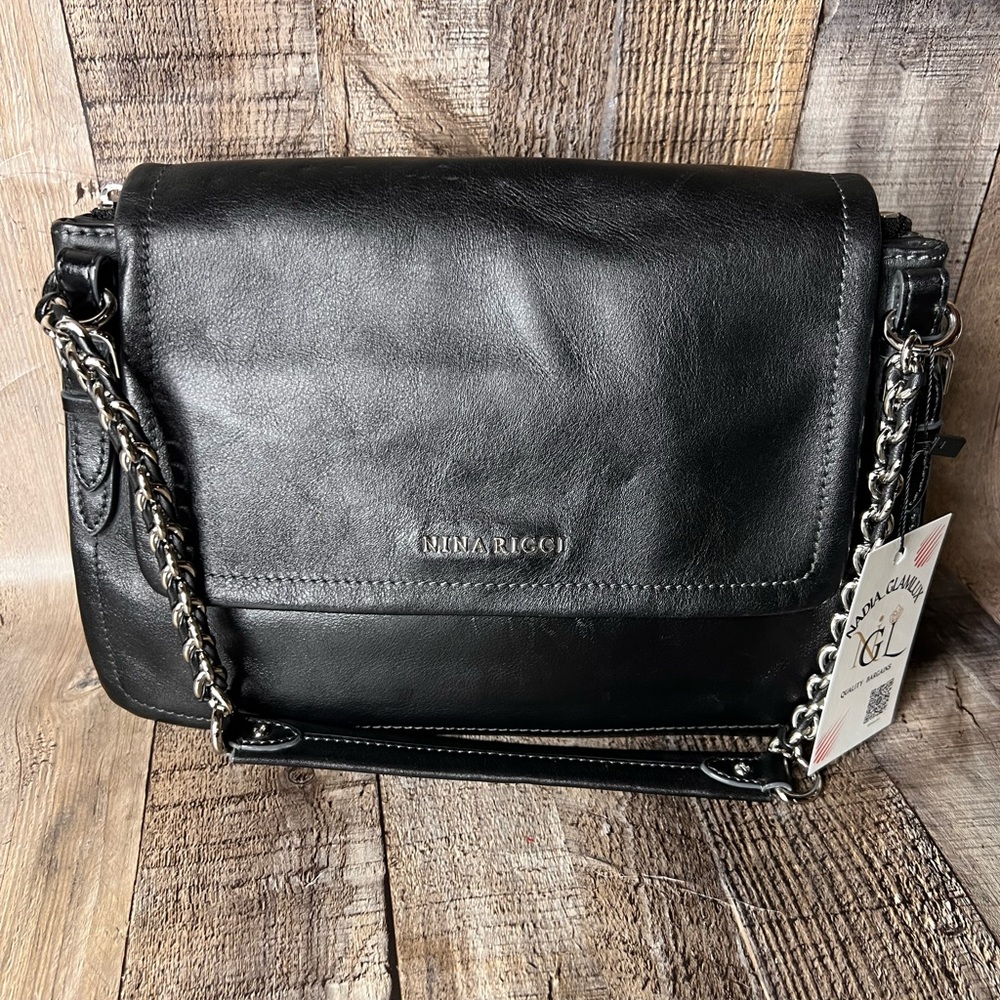 Nina Ricci Black Leather Bag with Chain Detail